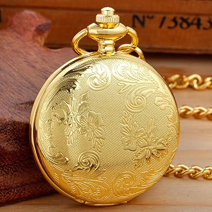 Realpoo Both Sides Gold Carved Flower Quartz Pocket Watch Quartz Movement, Quartz Pocket Watches with Chain Clip for Men-Gold