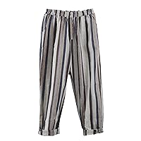 Minibee Womens Striped Linen Pants Casual Wide Leg Cropped Trousers