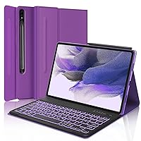 Keyboard Case for Samsung Galaxy Tablet S7 FE/S8 Plus/S7 Plus 12.4 inch, 7 Colors RGB Backlit Bluetooth Removable Keyboard, Purple Case and Black Keyboard, Galaxy Tab S7 FE 5g Case with Keyboard