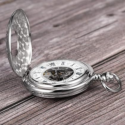 TREEWETO Men's Women's Pocket Watch Steampunk Skeleton Mechanical Silver Fob Retro Watches Double Case