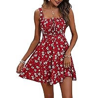 Loemes Women's Summer Casual Sundress 2024 Square Neck Mini Dress with Pocket Cute Sleeveless Tie Knot Front Flowy Dress