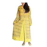 Om Printed Indian Girl's Cotton Long Dress Casual Tunic Women's Greenish Yellow Color Frock Suit Plus Size