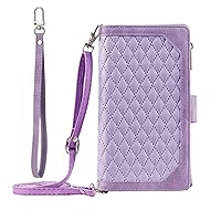 Wallet Case Compatible with Samsung Galaxy A35 5G, Lattice Pattern PU Leather Zipper Pocket Magnetic 7 Card Slots with Crossbody Lanyard (Purple)