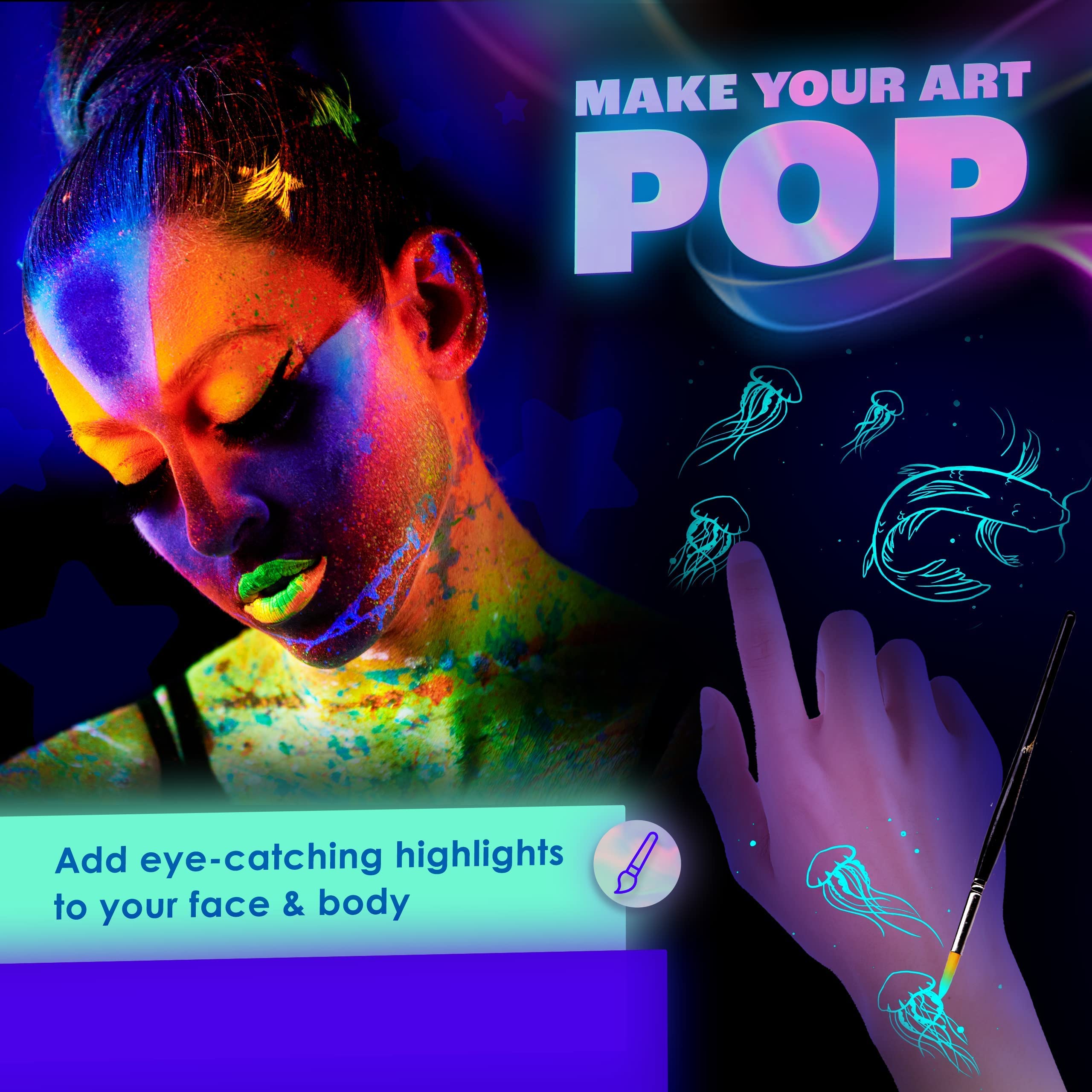 Neon Nights UV Body Paint Set | Blacklight Glow Makeup Kit | Fluorescent Face Paints for Music Festivals, Photo Shoots, Nights Out - Easy to Use and Remove, Premium Quality, Vibrant Colors | 8 Colors