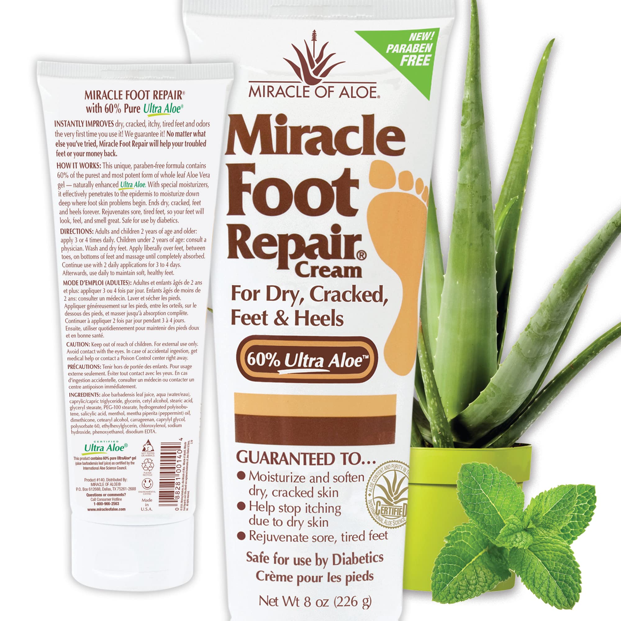Miracle Foot Repair Cream, 8 oz Repairs Dry Cracked Heels and Feet, Diabetic-Safe, 60% Pure Ultra Aloe Moisturizes, Softens, and Repairs, Relief for Athlete's Foot and Ingrown Toenails