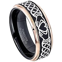 Celtic Claddagh Tungsten Ring - 2-Tone Matte Finish Black IP & Rose Gold Plated Comfort Fit Tungsten Carbide Wedding Band 8MM
