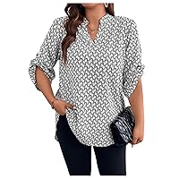 MakeMeChic Women's Allover Print V Neck Summer Shirt 3/4 Sleeve Curved Hem Blouse Work Office Casual Tops
