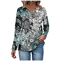 Womens Fall Blouses Button Ethnic Floral Sexy Tops V Neck Long Sleeve Business Henley Shirt Plus Size Tunic Tops