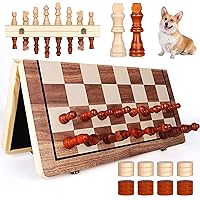 Magnetic Wooden Chess Set,2 in 1 Chess & Checkers Game Set with 2 Extra Queens,Foldable Magnetic Chess Board Game, Portable Checkers Board Game for Adults and Kids Travelling
