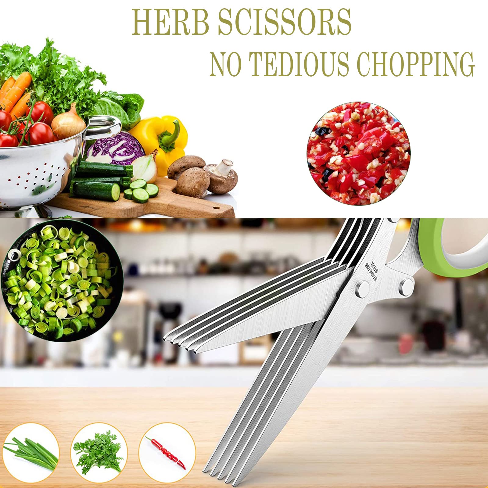Updated Herb Scissors with 5 Blades and Cover, Kitchen Shears for Cutting Herbs, Kitchen Gadgets Cutter Chopper Food Cutter Scissors for Cilantro and Green Onion, Vegetable Salad Food Cutter (Green)