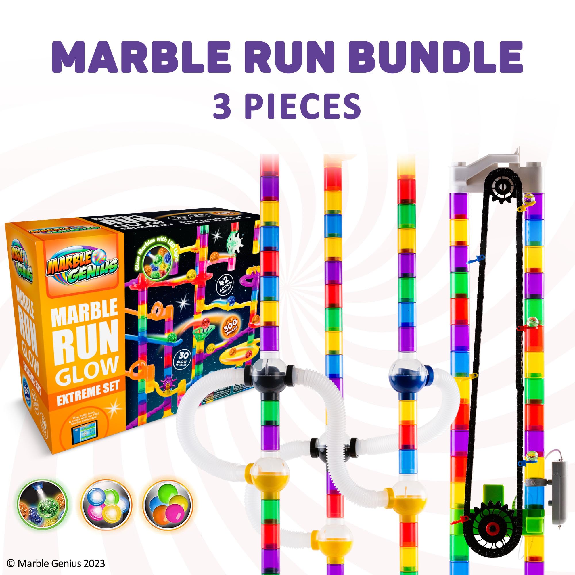 Marble Genius Bundle: Glow Extreme Set (300 Pieces), Automatic Chain Lift, Marble Run Pipes & Spheres Accessory Add-on Set, Perfect for Kids and Adults Alike