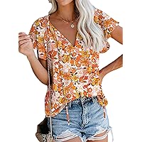 SimpleFun Women's Boho Tops Floral V Neck Short Sleeve Summer Blouse Shirts