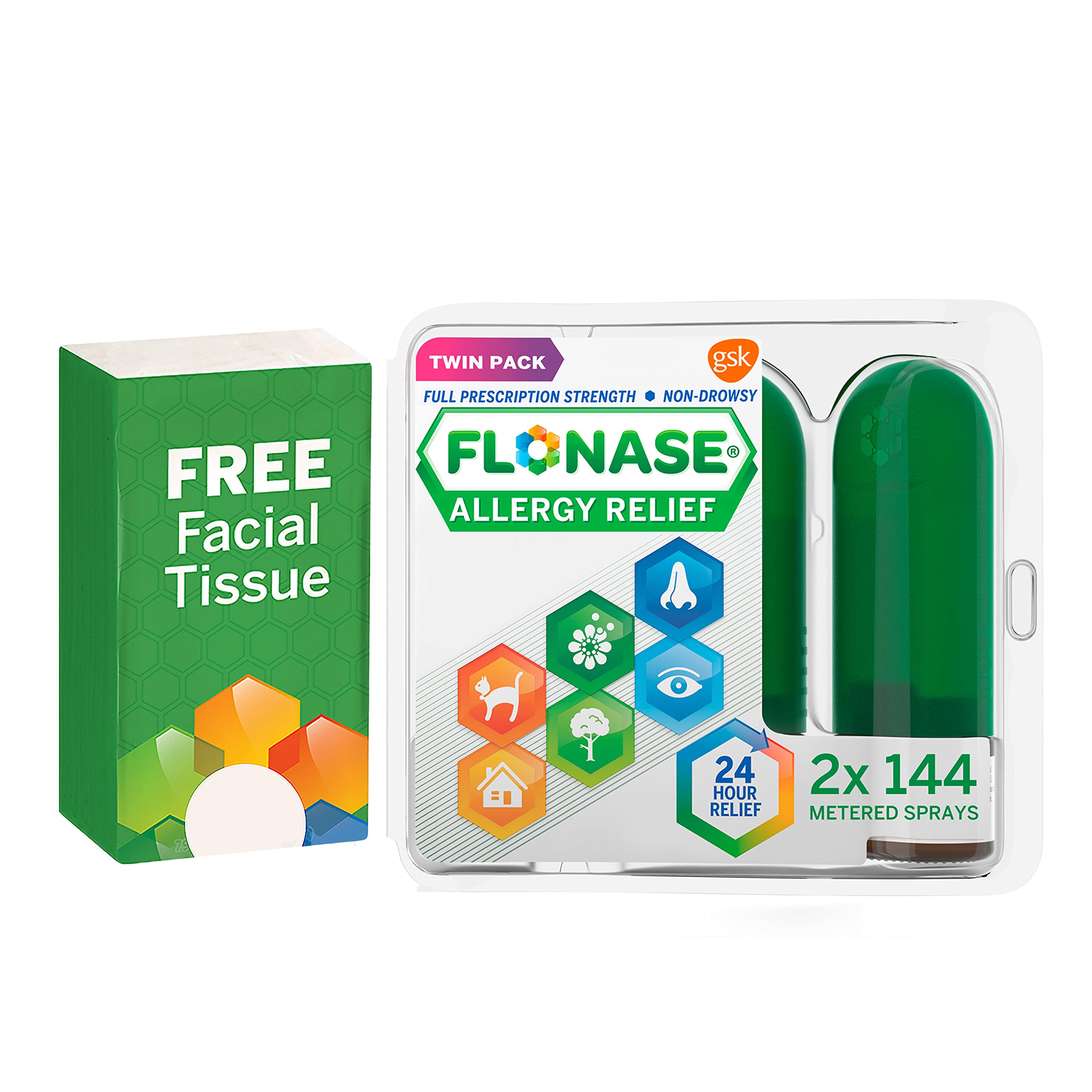 Flonase Allergy Relief Nasal Spray, 24 Hour Non Drowsy Allergy Medicine, Metered Nasal Spray - 144 Sprays (Pack of 2) + Pack of Tissues