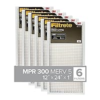 Filtrete 12x24x1 AC Furnace Air Filter, MERV 5, MPR 300, Capture Unwanted Particles, 3-Month Pleated 1-Inch Electrostatic Air Cleaning Filter, 6-Pack (Actual Size11.69x23.69x0.81 in)