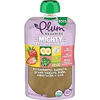 Plum Organics Mighty 4 Organic Toddler Food - Strawberry, Banana, Greek Yogurt, Kale, Amaranth, and Oat - 4 oz Pouch - Organic Fruit and Vegetable Toddler Food Pouch