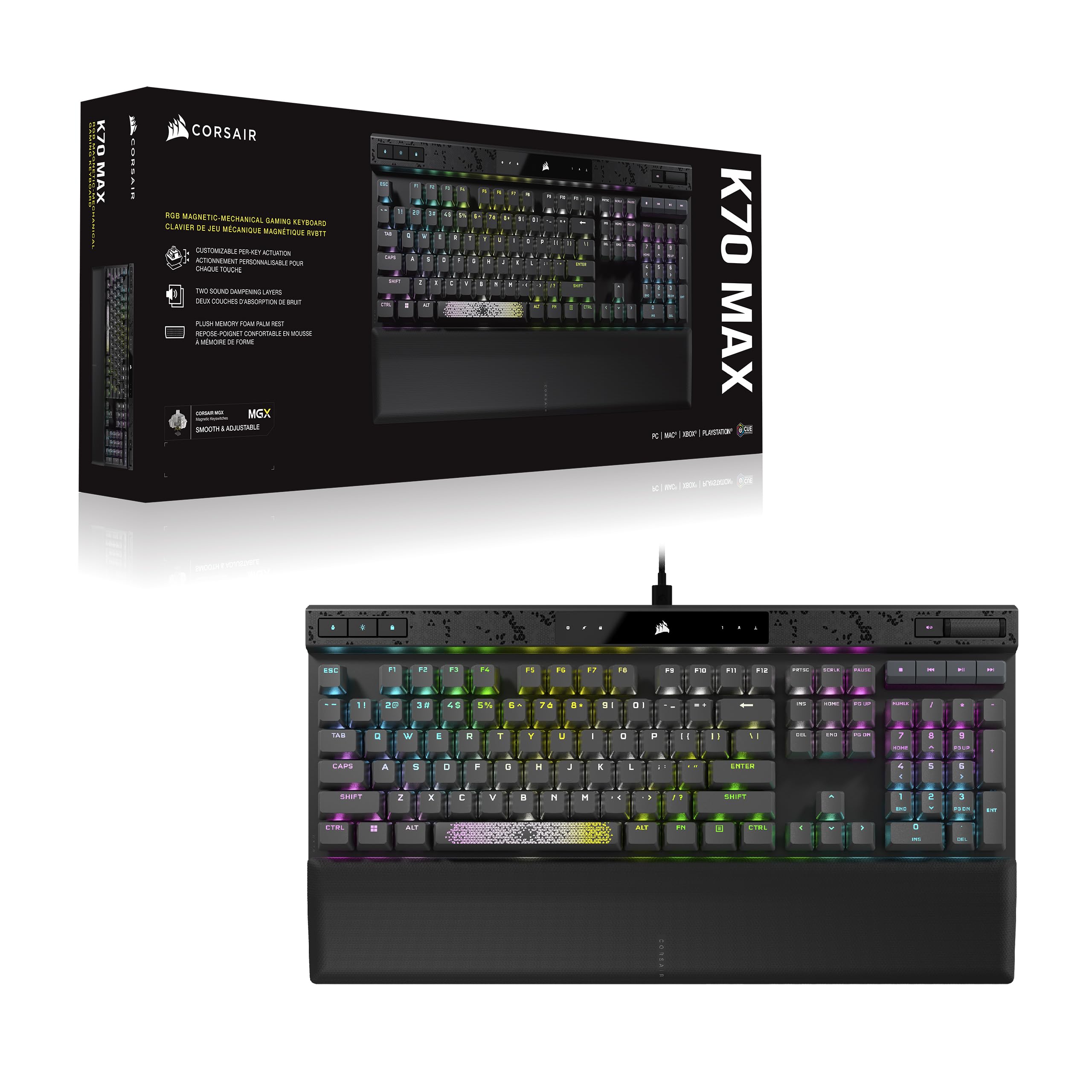 Corsair K70 MAX RGB Magnetic-Mechanical Wired Gaming Keyboard - Adjustable Actuation MGX Switches - PBT Double-Shot Keycaps - iCUE Compatible - QWERTY NA Layout - Black