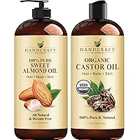 Handcraft Sweet Almond Oil and Castor Oil – 100% Pure and Natural Oils –for Hair Growth, Eyelashes and Eyebrows – Use As Aromatherapy Carrier Oil, Massage, Moisturizing Skin and Hair – 16 fl. Oz