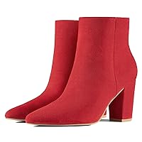 Rollda Women's Pointed Toe Ankle Boots Chunky High Heel Ankle Booties Side Zipper Short Boots