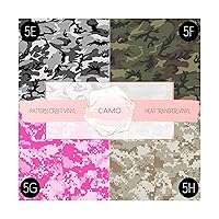 Camouflage Pattern Vinyl Iron On Heat Transfer Vinyl HTV Camo Print Patterns 12 x 12 | Transfer Tape Included (3 Sheets, 5H)