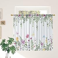 Watercolor Green Leaf Wild Flower Kitchen Curtains Colorful Butterfly Spring Botanical Floral Cafe Curtains for Bathroom Boho Window Treatment Tiers Drapes 27.5x39 Inch 2 Panels