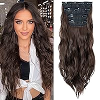 Clip In Hair Extensions, 22 Inch Medium Brown 4Pcs Long Wavy Clip In Synthetic Hair Extension Thick Double Weft Clip-in Natural Hairpieces For Women (22 Inch, M4, 180g)