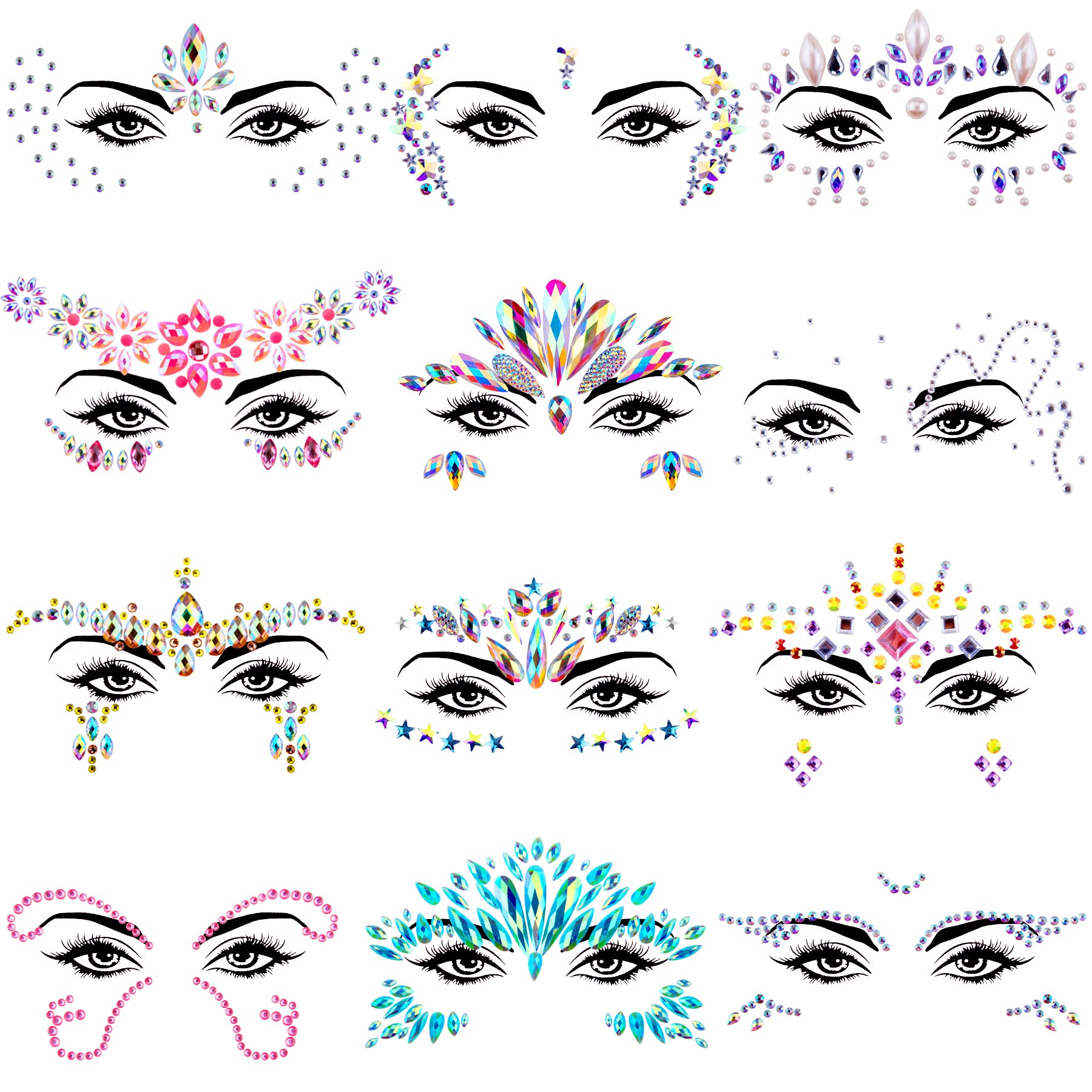 SIQUK 12 Sets Mermaid Face Jewels Adhesive Face Gems Rhinestone Face Stickers Crystal Tears Gems Stones Stick on Rhinstones Face Jewel for Makeup Festival Rave Party