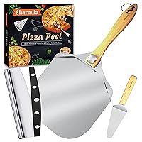 Pizza Peel 12 Inch, Aluminum Pizza Paddle with Foldable Wooden Handle,Pizza Rocker Cutter,and Metal Pizza Spatula-Ideal for Family Pizza Oven Baking,Dough,Bread & Pastry