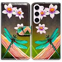 Galaxy S24 Case,Green Dragonfly Leather Flip RFID Blocking Phone Case Wallet Cover with Card Slot Holder Kickstand for Samsung Galaxy S24