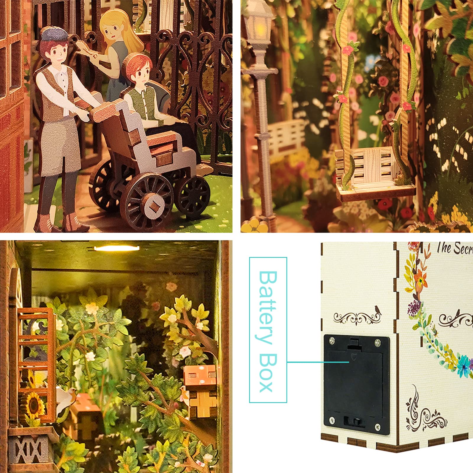 SPILAY DIY Dollhouse Miniature Book Nook Assemble Kit,3D Wooden Puzzle Bookshelf Insert Decor with Sensor Light,Bookends Model Build-Creativity Kit for Adults Birthday Gift (The Secret Garden)