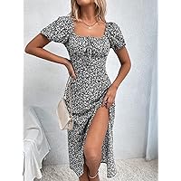 Necklaces for Women Square Neck Ditsy Floral Print Tie Front Split Thigh Dress (Color : Black and White, Size : Large)