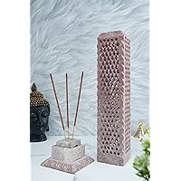 Crocon Handmade Soapstone Incense Stick Tower Burner Square Shape Jali Design Incense Tower Burner Tea Light Candle Holder Living Room Decor Kitchen Home Fragrance Decorative Gift Size 2.7X2.7X11 Inch