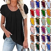Womens Summer Tops 2023 Solid Chiffon Tunic Shirts Round Neck Petal Casual T Shirt Pleated Keyhole Back Loose Blouse