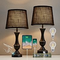 Table Lamps for Bedrooms Set of 2 Black, Bedside Touch Lamps with Dual USB Charging Ports, Nightstand Lamps with Premium Linen Fabric Lampshade for Living Room, Bedroom, Office, LED Bulbs Included