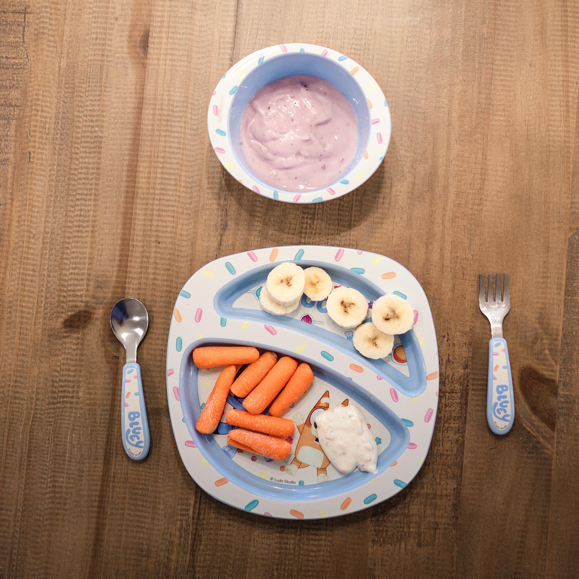 The First Years Bluey Toddler Dinnerware Set - Includes Divided Toddler Plate, Bowl, and Toddler Utensils - Dishwasher Safe Toddler Feeding Supplies Made Without BPA - 4 Count