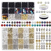 EuTengHao 1209Pcs Lava Beads Stone Kits with 8mm Chakra Beads & Spacer Beads 15 Style Metal Jewelry Bead Charm Spacers Kit for Bracelets Necklace Accessories Pendants Adult DIY Jewelry Making Supplies