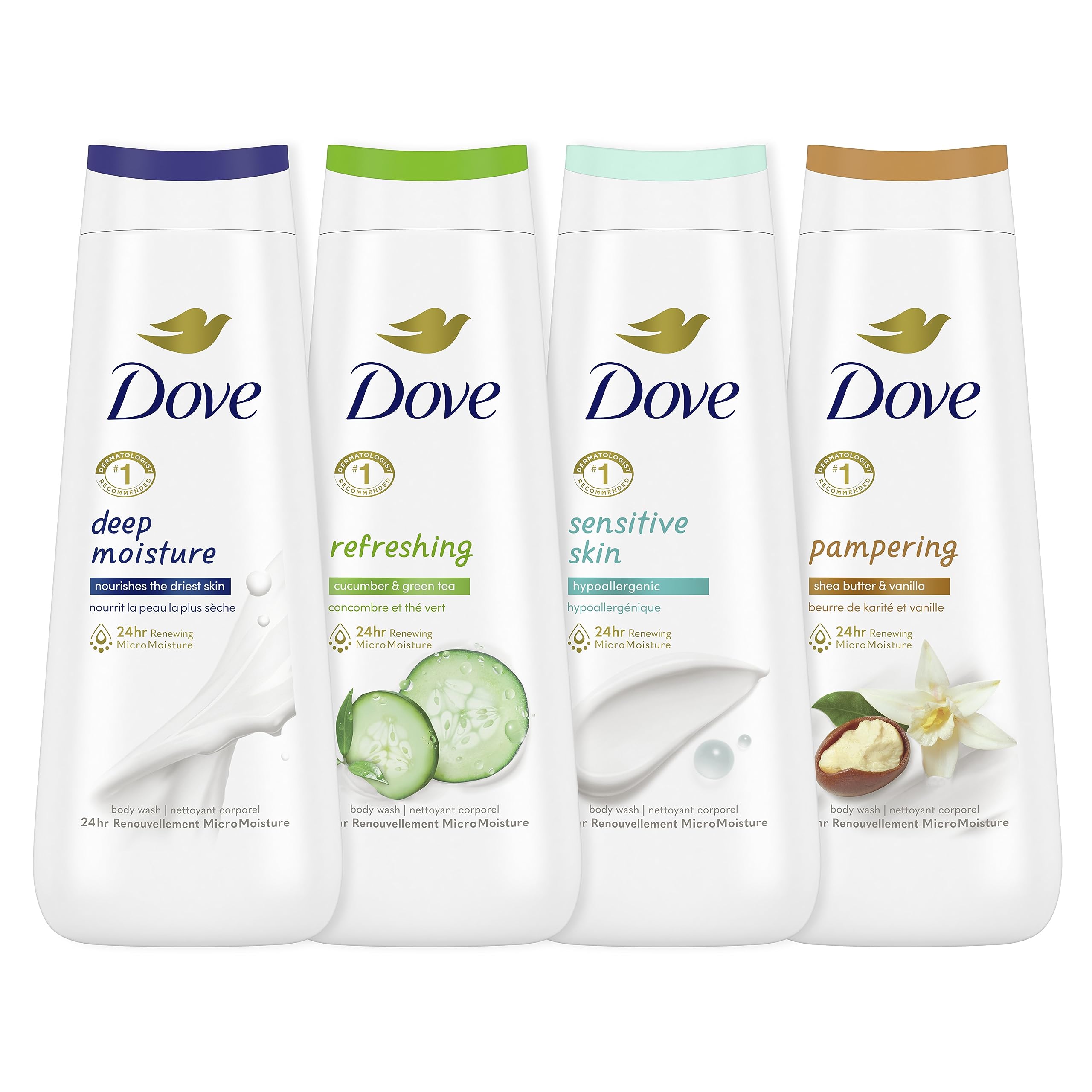 Dove Body Wash Deep Moisture, Sensitive Skin, Cucumber and Green Tea, and Shea Butter & Vanilla Collection 4 Count Skin Cleanser with 24hr Renewing MicroMoisture 20 oz