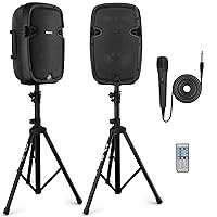 Wireless Portable PA system - 1000W High Powered Bluetooth Compatible Active + Passive Pair Outdoor Sound Speakers w/ USB SD MP3 AUX - 35mm Mount, 2 Stand, Microphone, Remote - Pyle PPHP1049KT