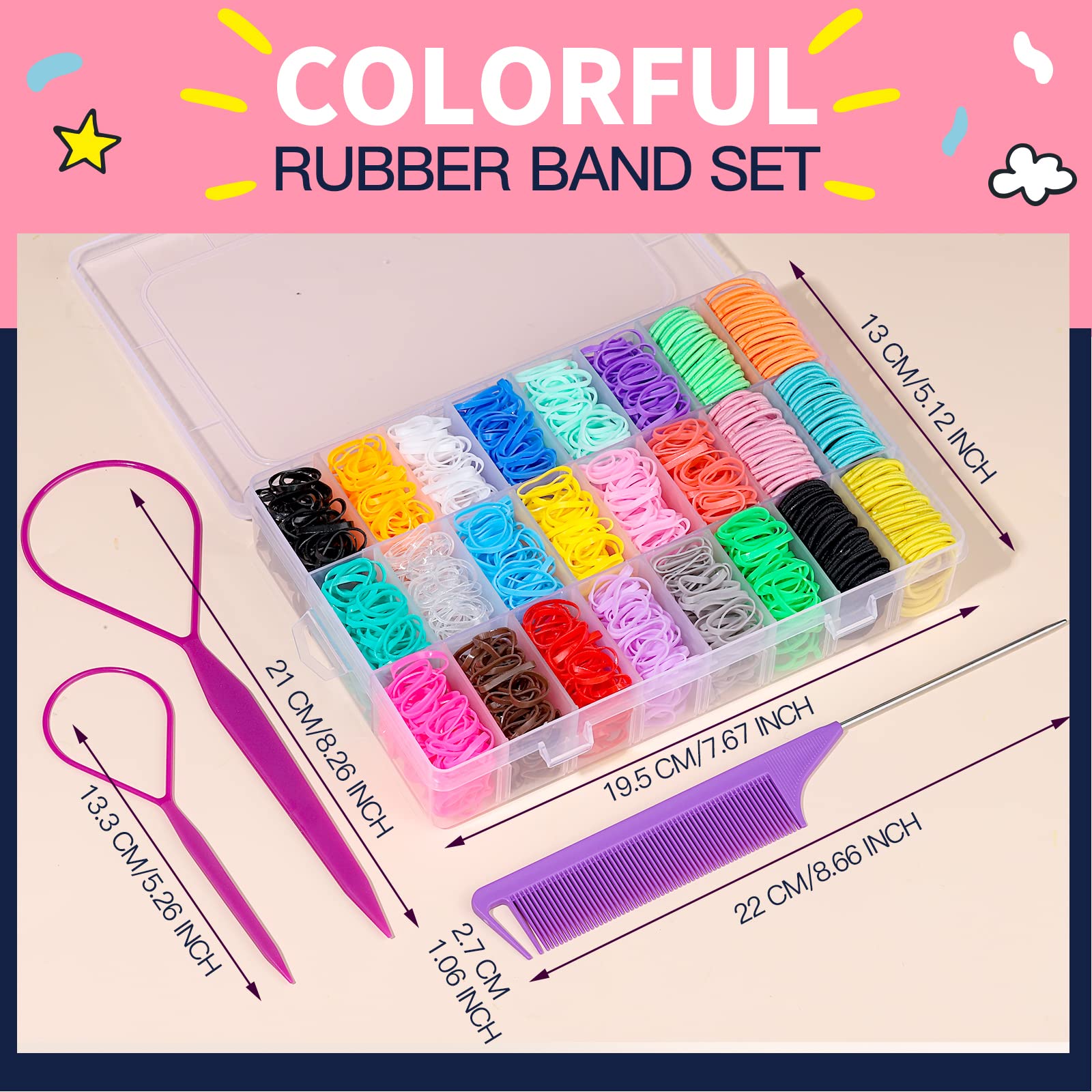Elastic Hair Bands, YGDZ 1500pcs Hair Rubber Bands and 120pcs Baby Hair Ties with Organizer Box, Colorful Small Hair Tie Set with Hair Tail Tools, Rat Tail Comb, Hair Accessories for Girl, Toddler
