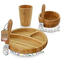 NutriChef Baby and Toddler, 3 compartment plate, bowl, cup and spoon feeding set- silicon suction, Non-toxic all natural Bamboo baby food plate (Sparkle)