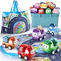 Mini Car Toys for 1 Year Old Boy Gifts, 12 Sets Pull-Back Trucks with Playmat/Storage Box for Toddlers Age 1-2, Baby Toys 12-18 Months, 1st Christmas Birthday Gifts for One Year Olds
