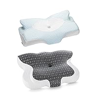 Elviros Cervical Memory Foam Neck Pillow for Pain Relief, Adjustable Orthopedic Contour Support Pillows for Sleeping, Ergonomic Bed Pillow for Side, Back, Stomach Sleepers (Dark Grey&Blue-L)