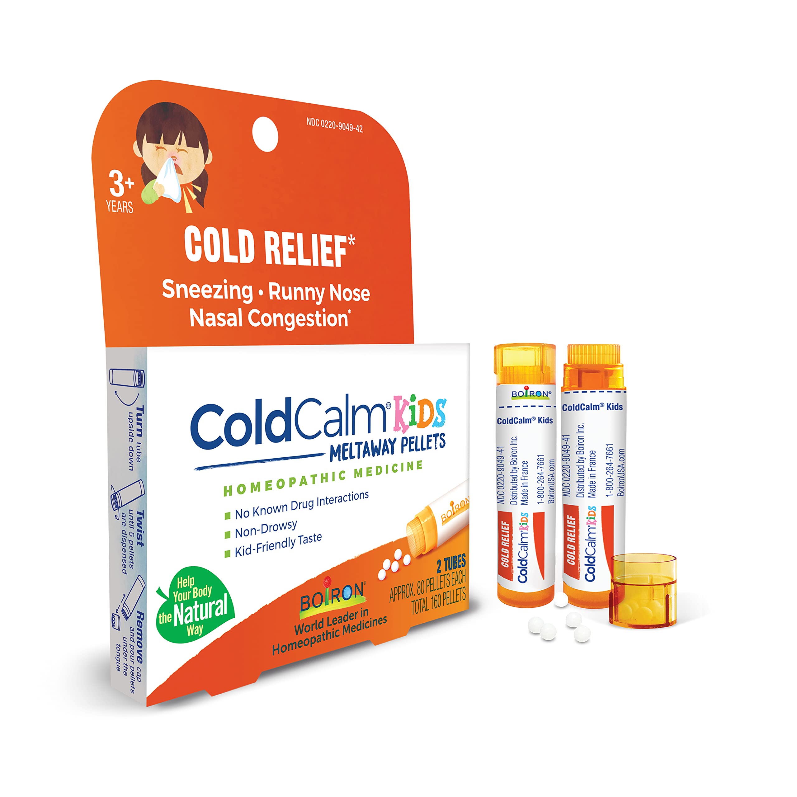 Boiron ColdCalm Kids Pellets for Relief of Common Cold Symptoms Such as Sneezing, Runny Nose, Sore Throat, and Nasal Congestion - 2 Count (160 Pellets)