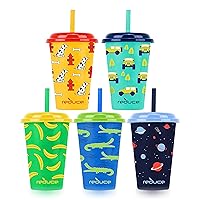 Reduce GoGo's 12 oz Cup Set, 5 Pack – Plastic Cups with Straws and Lids – Dishwasher Safe, BPA Free – 5 Fun Designs, Wild
