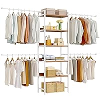 DWVO Closet Organizer System for Bedroom, Adjustable Heavy Duty Garment Rack Walk In Closet System, 4 Expandable Hanger Rods 5-Tier Wood Closet Storage Shelves with Backplane, Fits 6-9 ft Space, White