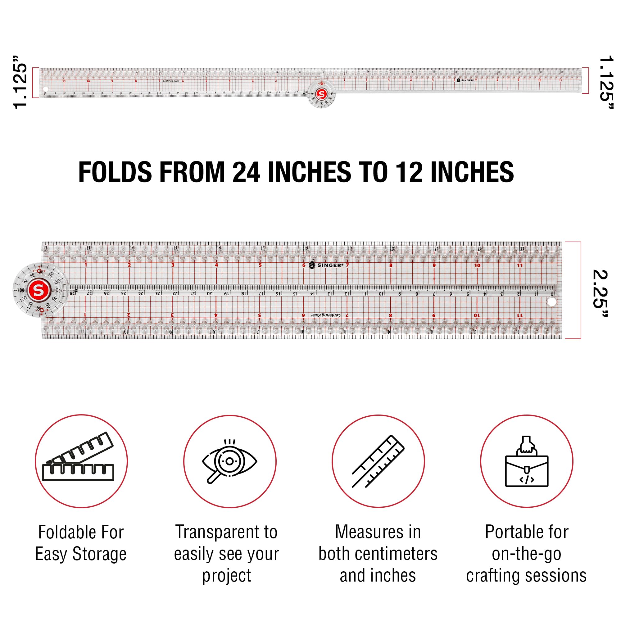 SINGER 24-Inch Folding Ruler with Precision Marking & Grid Lines for Sewing, Quilting, Crafting & Patternmaking - Clear Metric Ruler - Zero-Centering, 15 Increment Quick Angle Ruler, Folds to 12”