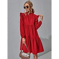 Necklaces for Women Ruffle Trim Ruched Front Smock Dress (Color : Red, Size : XL)