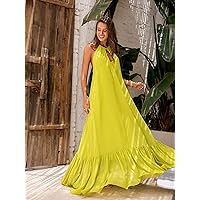 Women's Casual Ladies Comfort Dresses & Tie Backless Halter Dress Leisure Perfect Comfortable Eye-catching (Color : Lime Green, Size : Small)