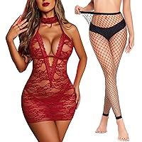 Avidlove Fishnet Stockings Footless and Lace Lingerie Dress(Black and Dark Red, M)