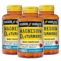 Mason Natural Magnesium & Vitamin D3 with Turmeric - Healthy Heart and Nervous System, Strengthens Bones and Muscles, Improved Joint Health, 60 Tablets (Pack of 3)
