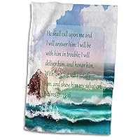 Towel, Psalms 91 vs 15 Bible Scripture on Ocean Waves Background. Digital Art